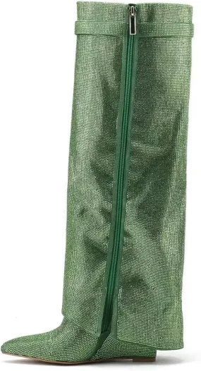 Knee High Boots Women Fold Over Knee High Boots Chunky High Heels Long Boots Zipper Pointed Toe Rhinestone Dress Tall Boots for Women