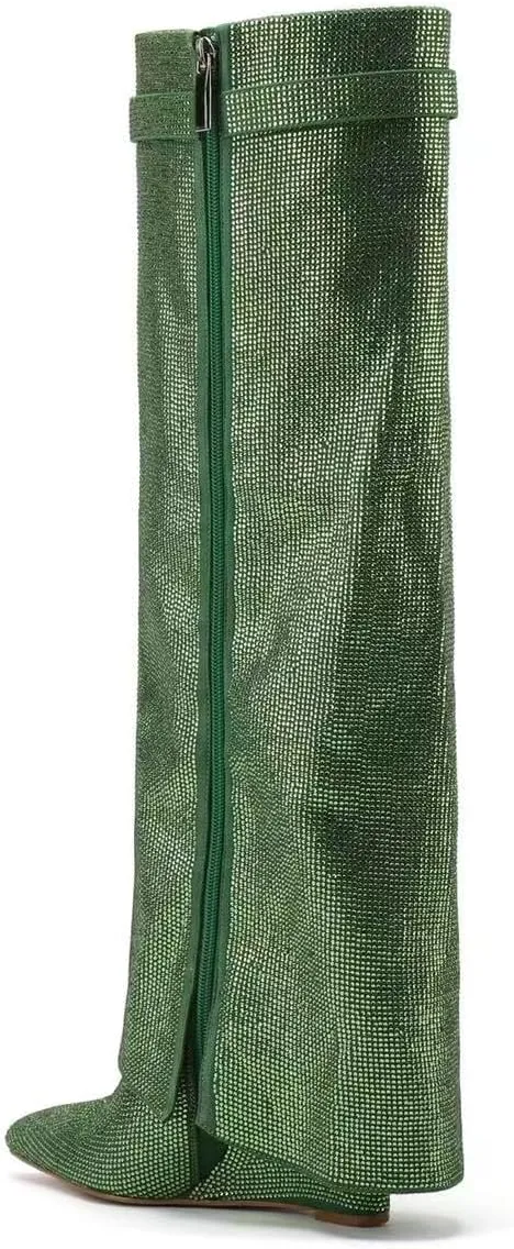 Knee High Boots Women Fold Over Knee High Boots Chunky High Heels Long Boots Zipper Pointed Toe Rhinestone Dress Tall Boots for Women