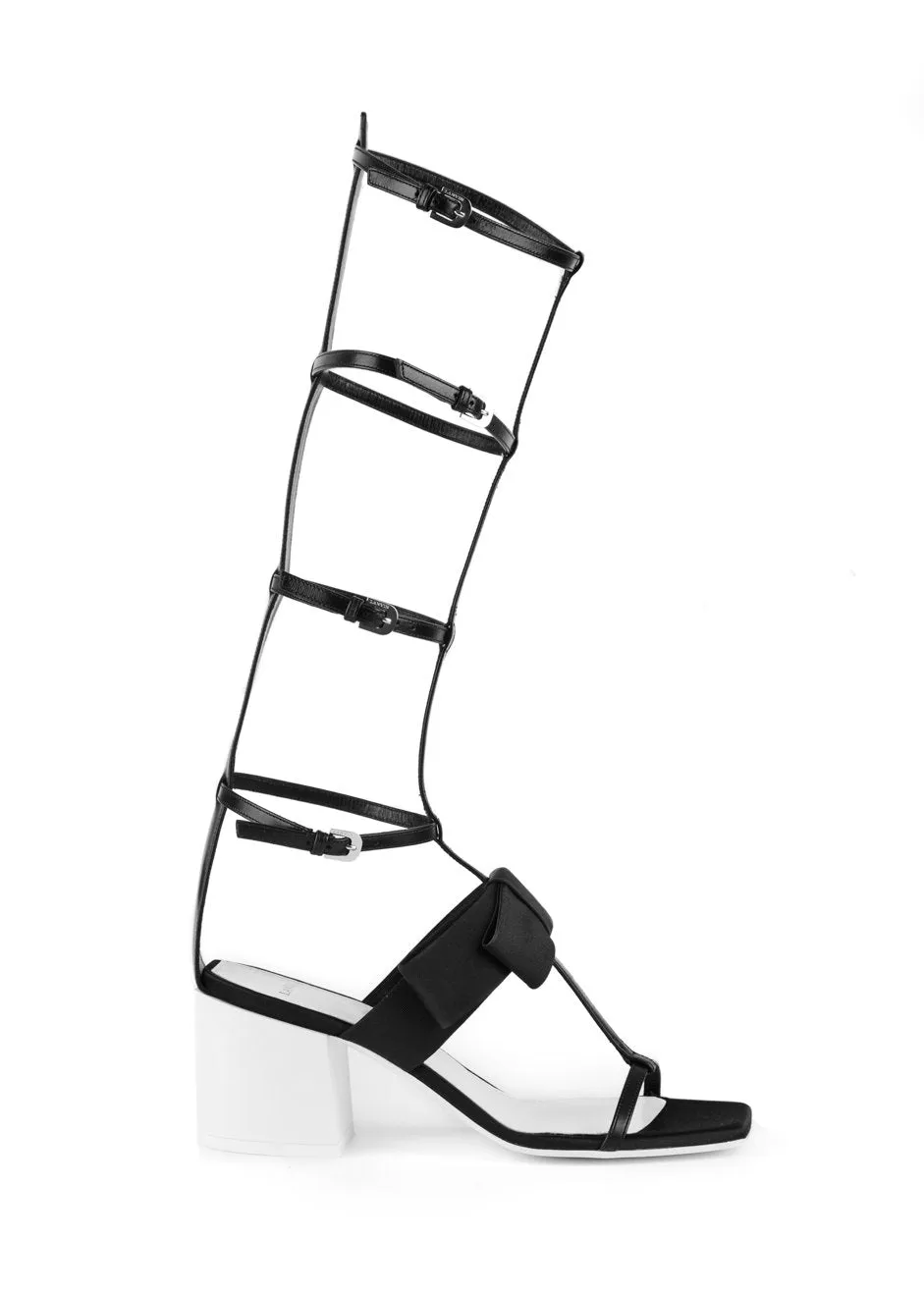 Lanvin Paris Gladiator Black White Block Heel Premium Leather Open Toe Sandals