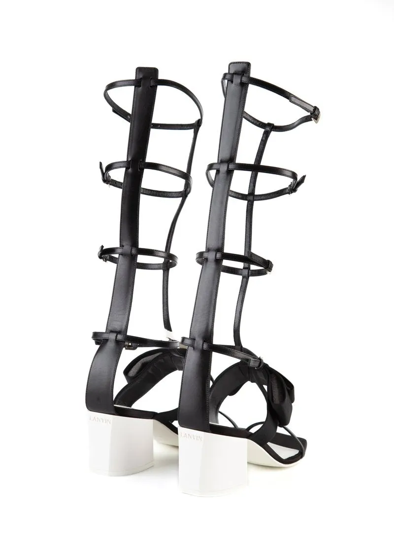 Lanvin Paris Gladiator Black White Block Heel Premium Leather Open Toe Sandals