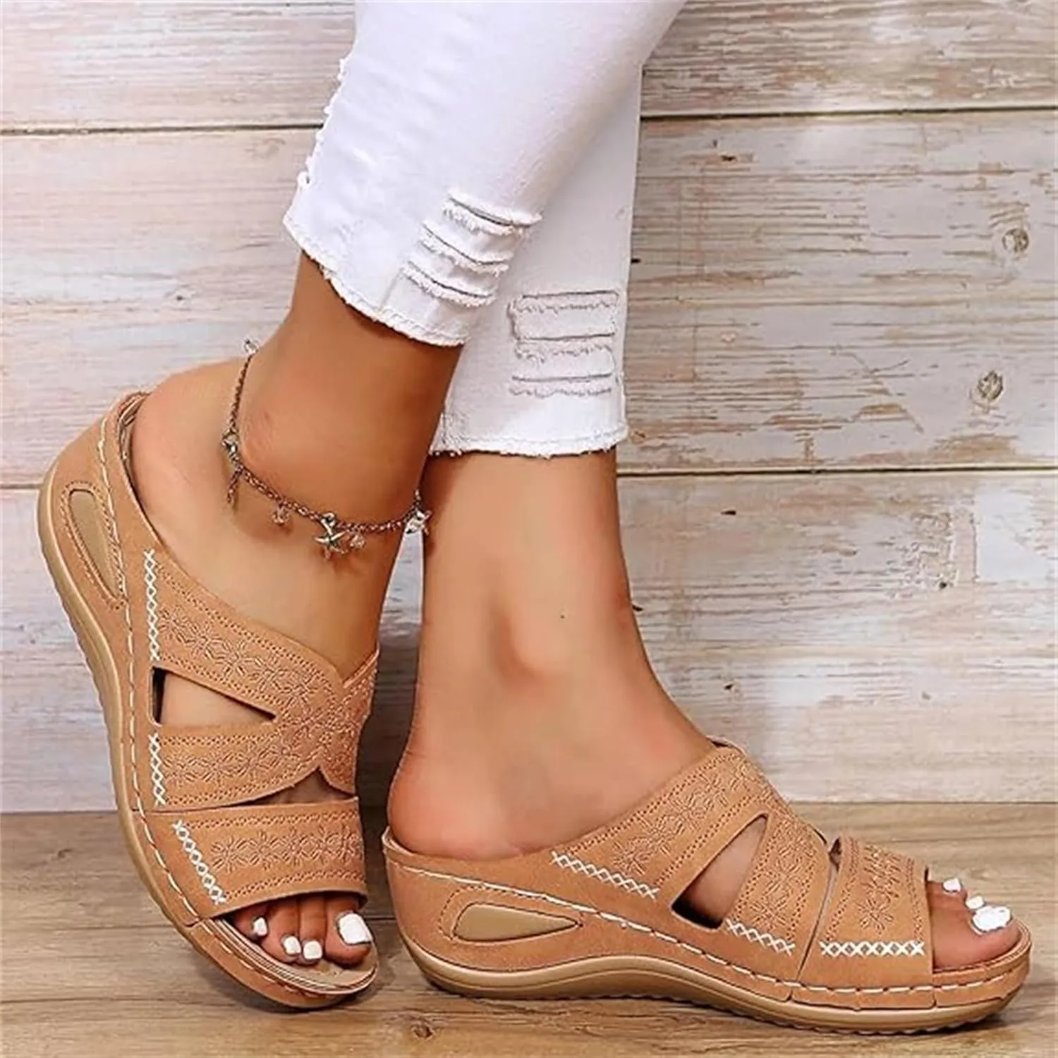 Lausiuoe Sandals Women Dressy Comfortable Orthotic Slides Arch Support Slip on Soft Fashion Orthopedic Slippers Flip Flops
