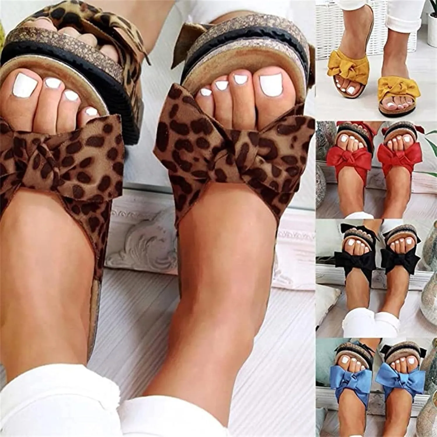 Lausiuoe Women's Sandals,Women's Casual Dressy Summer Bow Knot Slip On Flat Sandals Open Toe Beach Fashion Flip Flop