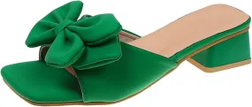 Low Heels for Women Bow Flat Sandals Slippers Dressy Square Open Toe Sandals Comfortable Slip on Slide Sandals