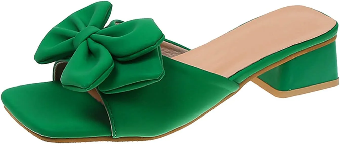 Low Heels for Women Bow Flat Sandals Slippers Dressy Square Open Toe Sandals Comfortable Slip on Slide Sandals