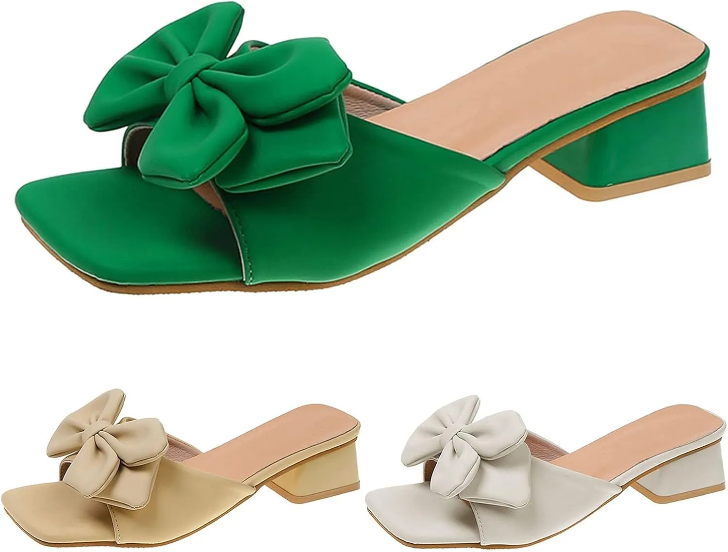 Low Heels for Women Bow Flat Sandals Slippers Dressy Square Open Toe Sandals Comfortable Slip on Slide Sandals