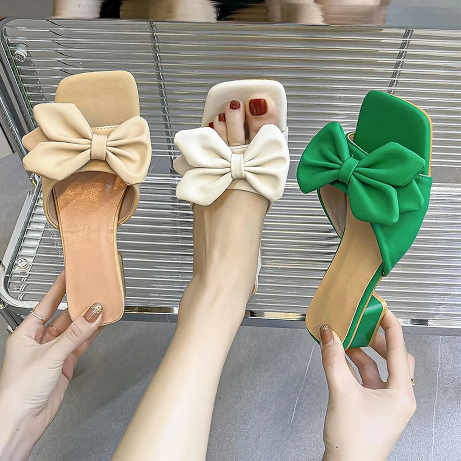 Low Heels for Women Bow Flat Sandals Slippers Dressy Square Open Toe Sandals Comfortable Slip on Slide Sandals