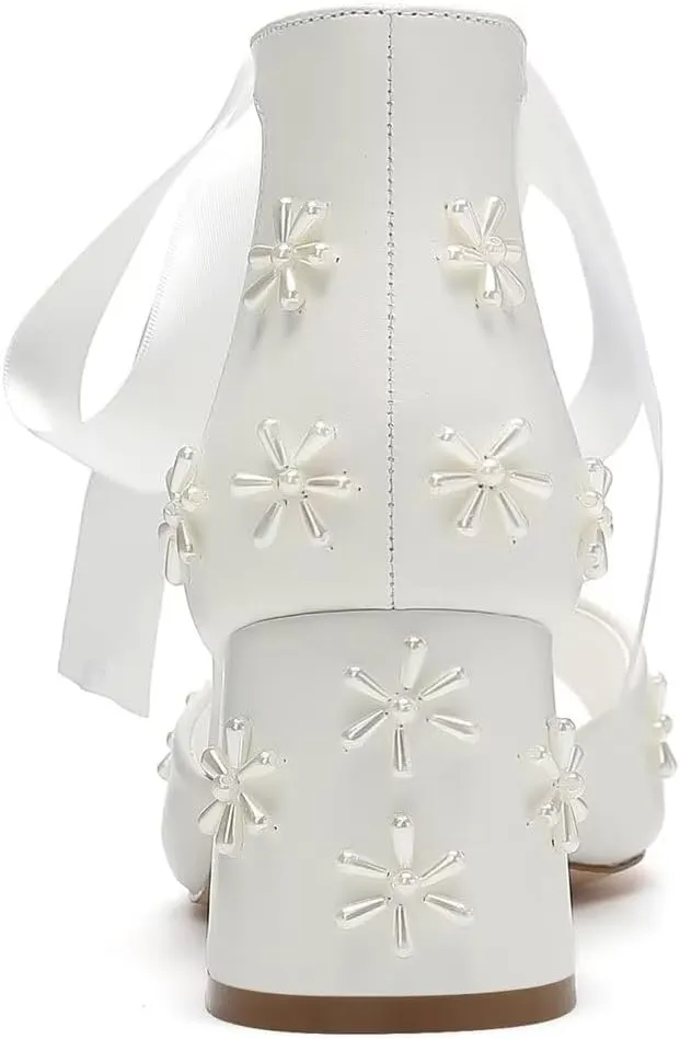 Pearl Wedding Shoes for Bride Open Toe Bridal Shoes Block Heel Wedding Sandals Ankle Strap Wedding Heels