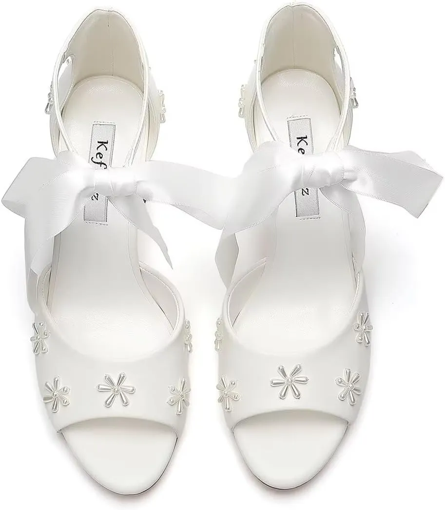 Pearl Wedding Shoes for Bride Open Toe Bridal Shoes Block Heel Wedding Sandals Ankle Strap Wedding Heels