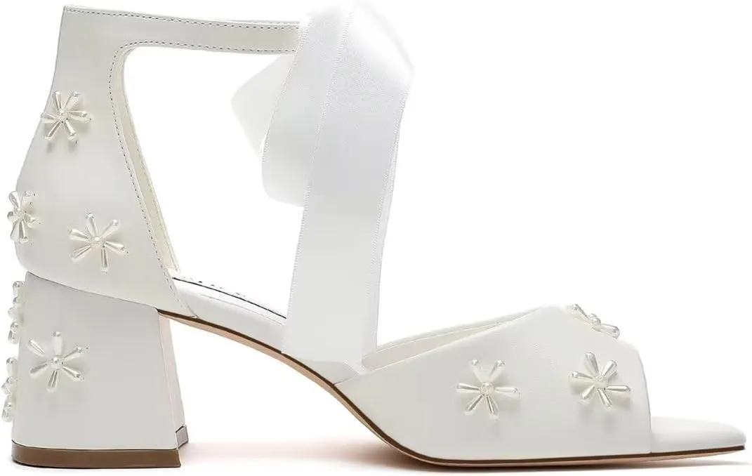 Pearl Wedding Shoes for Bride Open Toe Bridal Shoes Block Heel Wedding Sandals Ankle Strap Wedding Heels