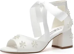 Pearl Wedding Shoes for Bride Open Toe Bridal Shoes Block Heel Wedding Sandals Ankle Strap Wedding Heels