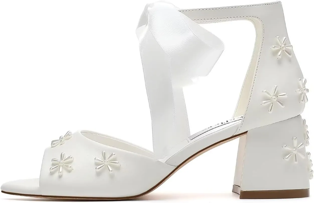 Pearl Wedding Shoes for Bride Open Toe Bridal Shoes Block Heel Wedding Sandals Ankle Strap Wedding Heels