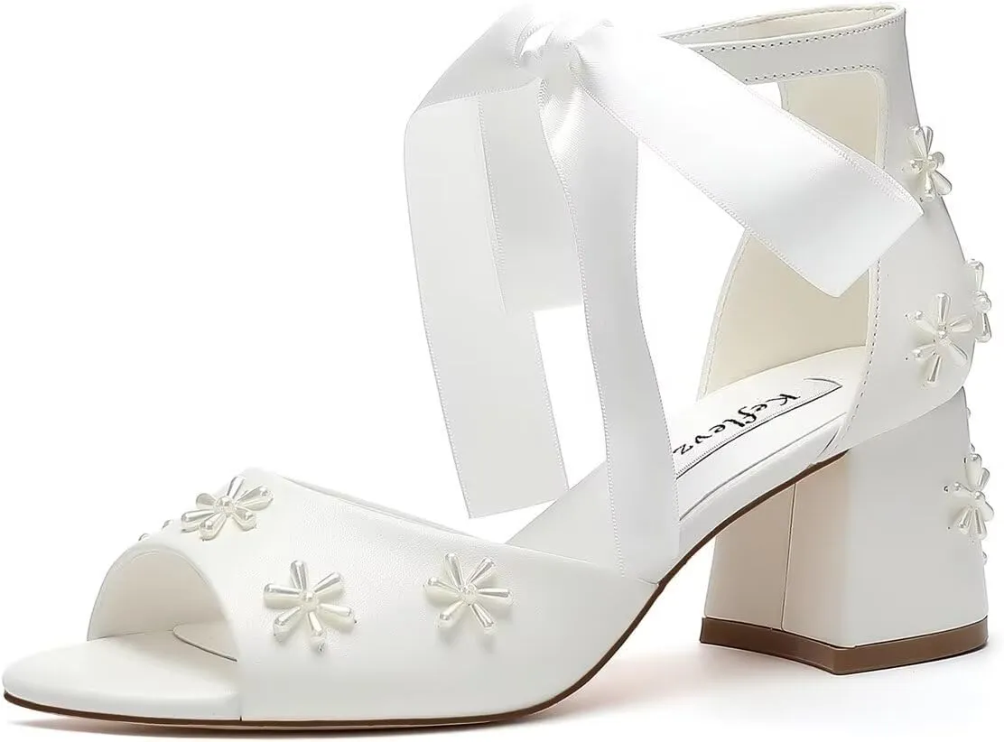 Pearl Wedding Shoes for Bride Open Toe Bridal Shoes Block Heel Wedding Sandals Ankle Strap Wedding Heels