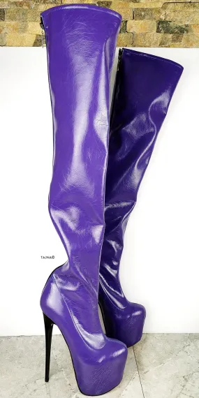 Purple Gloss Long High Heel Boots