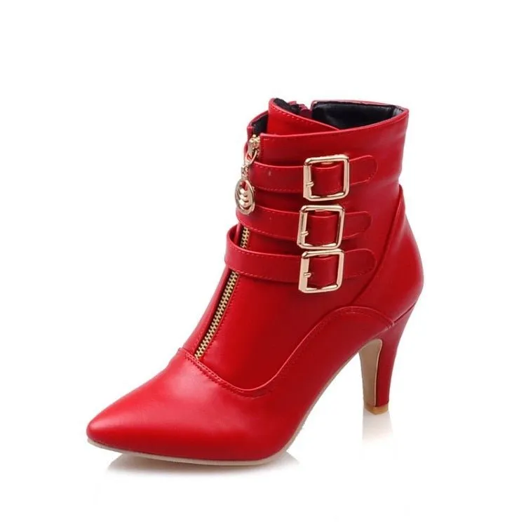 Shoes Women Boots Spring High Heels Ankle Boots Pointed Toe Buckle  Boots Zip Ladies Shoes White Big Size rtg5