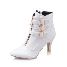 Shoes Women Boots Spring High Heels Ankle Boots Pointed Toe Buckle  Boots Zip Ladies Shoes White Big Size rtg5