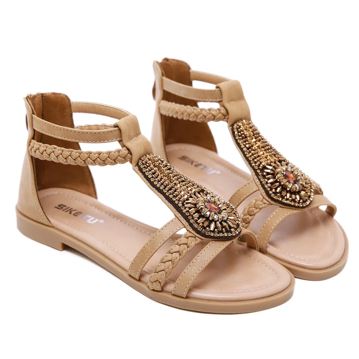 SIKETU | Flat Gladiator Sandals With Beads