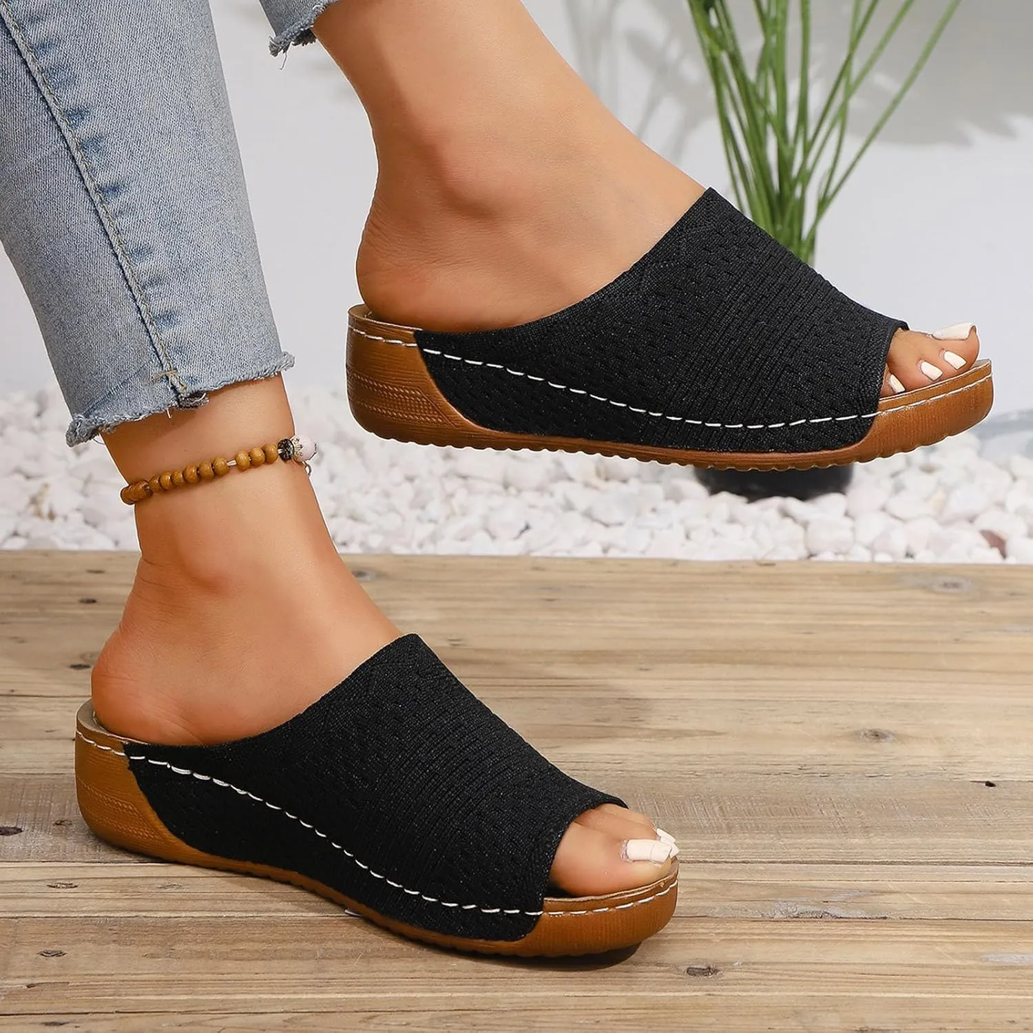 Slippers for Women Summer Beach Platform Sandals Slip on Wide Width Sandals Leather Wedge Slippers Walking Shoes