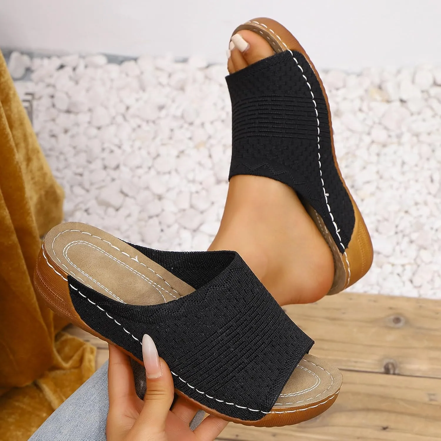 Slippers for Women Summer Beach Platform Sandals Slip on Wide Width Sandals Leather Wedge Slippers Walking Shoes