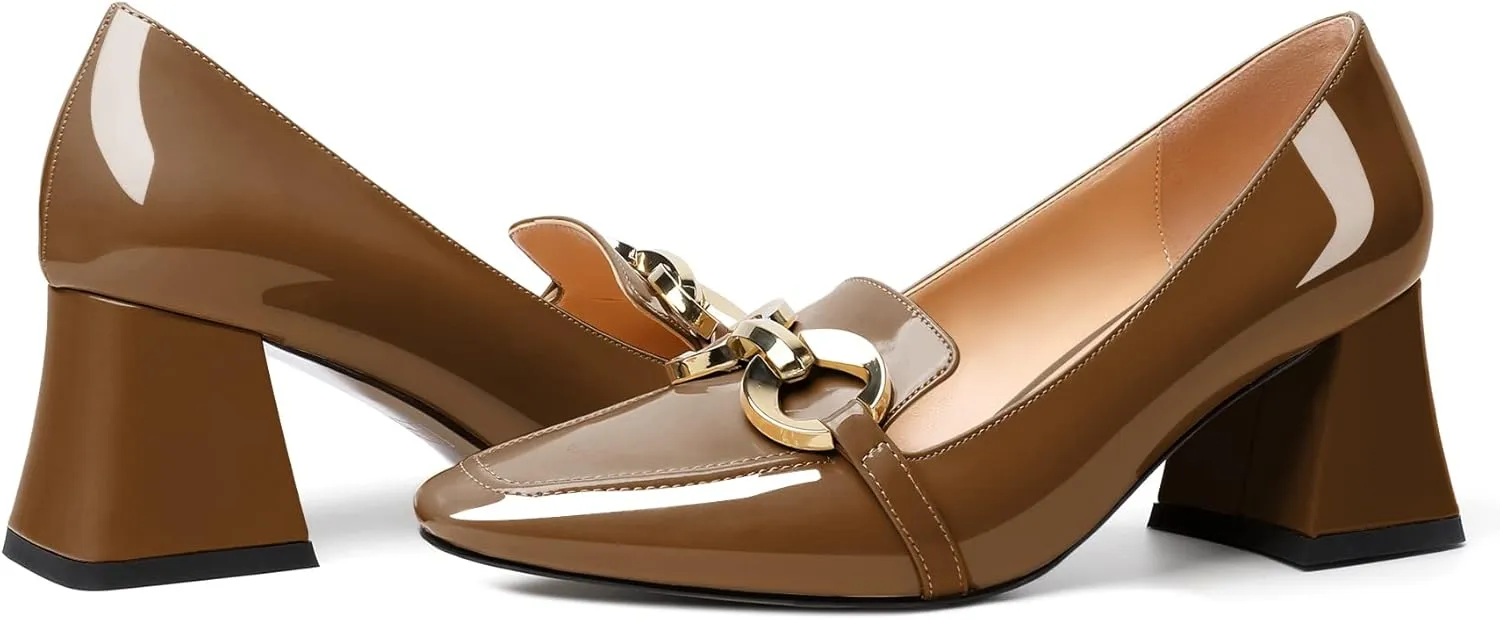 Soireelady Block Heels for Women|Square Toe Chunky Heels| Mid Block Heel Pumps|Retro Metal Chain Heels|Classic Slip-On Loafer Shoes|Dressy Pumps for Party Wedding Evening and Office