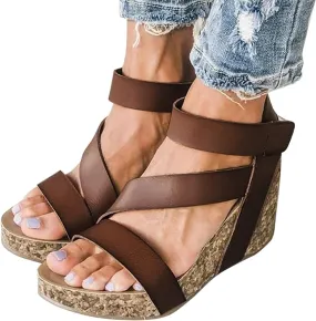 SuanlaTDS Gladiator Wedge Sandals for Women, Women's Summer Sandals Casual Roman Bohemia Gladiator Wedge Shoes Comfortable Ankle Strap Outdoor Platform Sandals