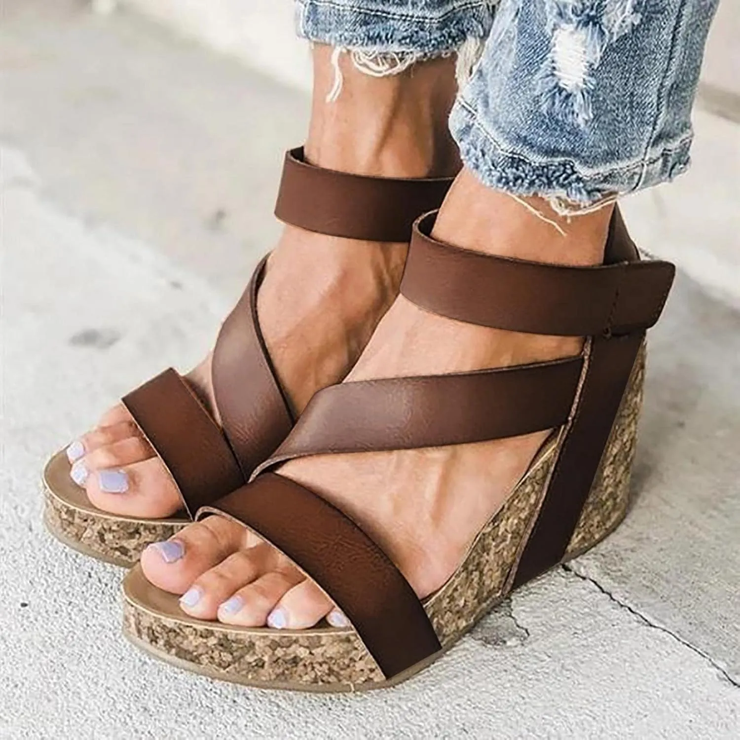 SuanlaTDS Gladiator Wedge Sandals for Women, Women's Summer Sandals Casual Roman Bohemia Gladiator Wedge Shoes Comfortable Ankle Strap Outdoor Platform Sandals