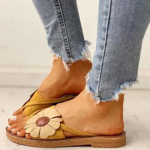 Summer Beach Casual Suede Flowers Slides Flat Sandals