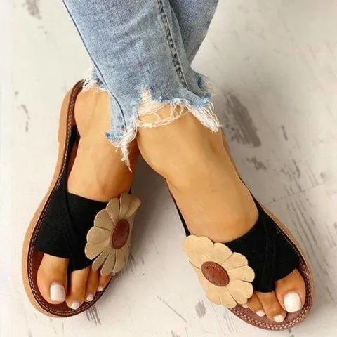 Summer Beach Casual Suede Flowers Slides Flat Sandals