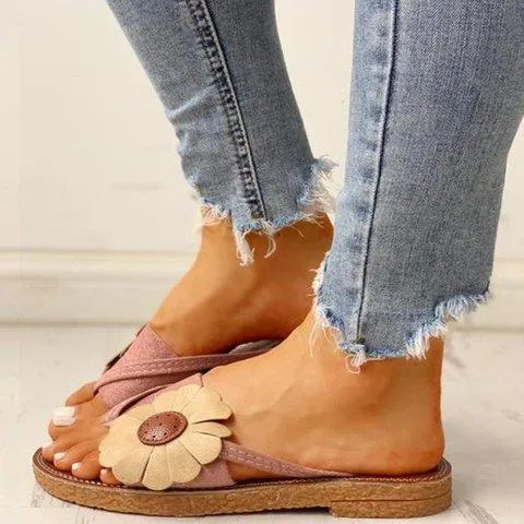 Summer Beach Casual Suede Flowers Slides Flat Sandals