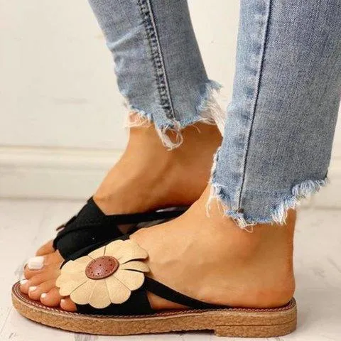 Summer Beach Casual Suede Flowers Slides Flat Sandals