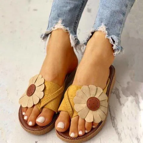 Summer Beach Casual Suede Flowers Slides Flat Sandals