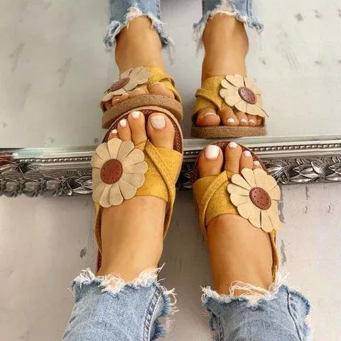 Summer Beach Casual Suede Flowers Slides Flat Sandals