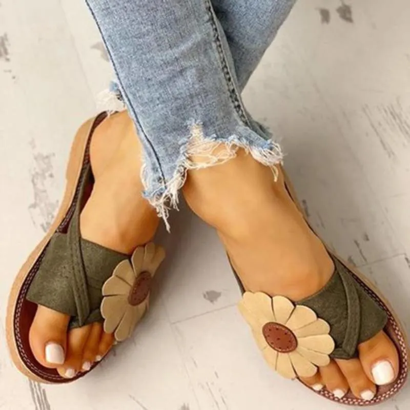 Summer Beach Casual Suede Flowers Slides Flat Sandals