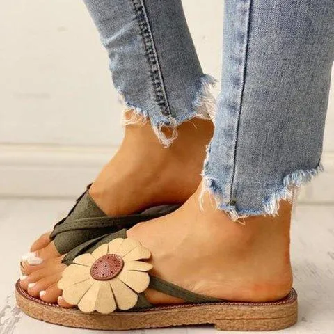 Summer Beach Casual Suede Flowers Slides Flat Sandals