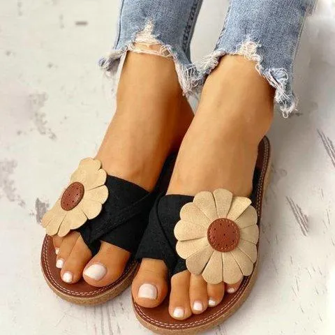 Summer Beach Casual Suede Flowers Slides Flat Sandals