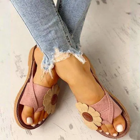 Summer Beach Casual Suede Flowers Slides Flat Sandals