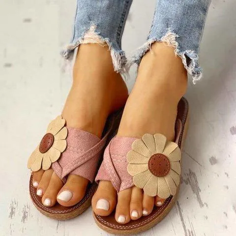 Summer Beach Casual Suede Flowers Slides Flat Sandals