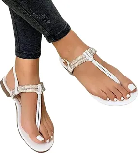 Summer Sandals For Women,Women Strappy Flat Sadals Flat Dressy Flip-Flops Clip Toe T-Strap Gladiator Thong Beach Sandals