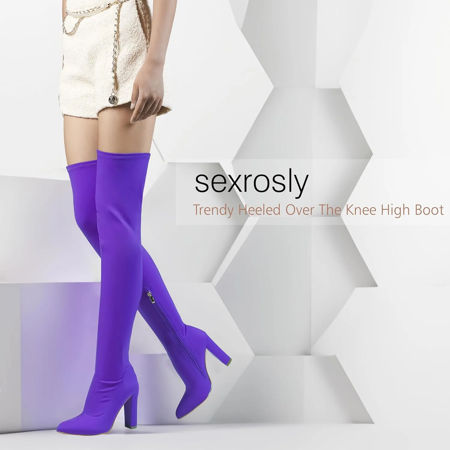 Thigh High Boots for Women Chunky High Heel Over The Knee Boots Stretch Pointed Toe GO GO Knee High Boot