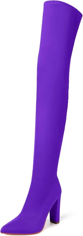 Thigh High Boots for Women Chunky High Heel Over The Knee Boots Stretch Pointed Toe GO GO Knee High Boot