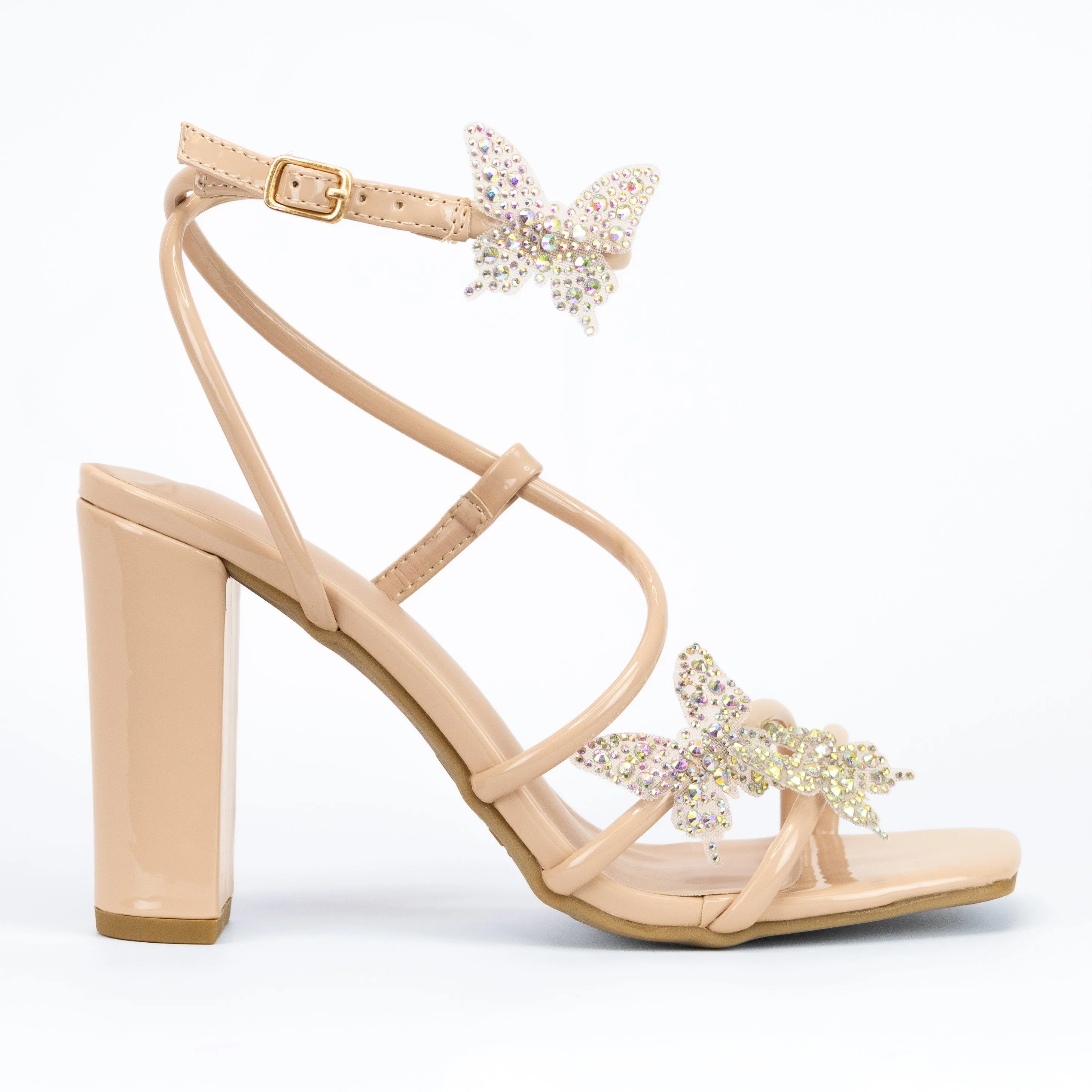 Treasure - Embellished Ankle Strap Heels Butterfly Rhinestone Detailing