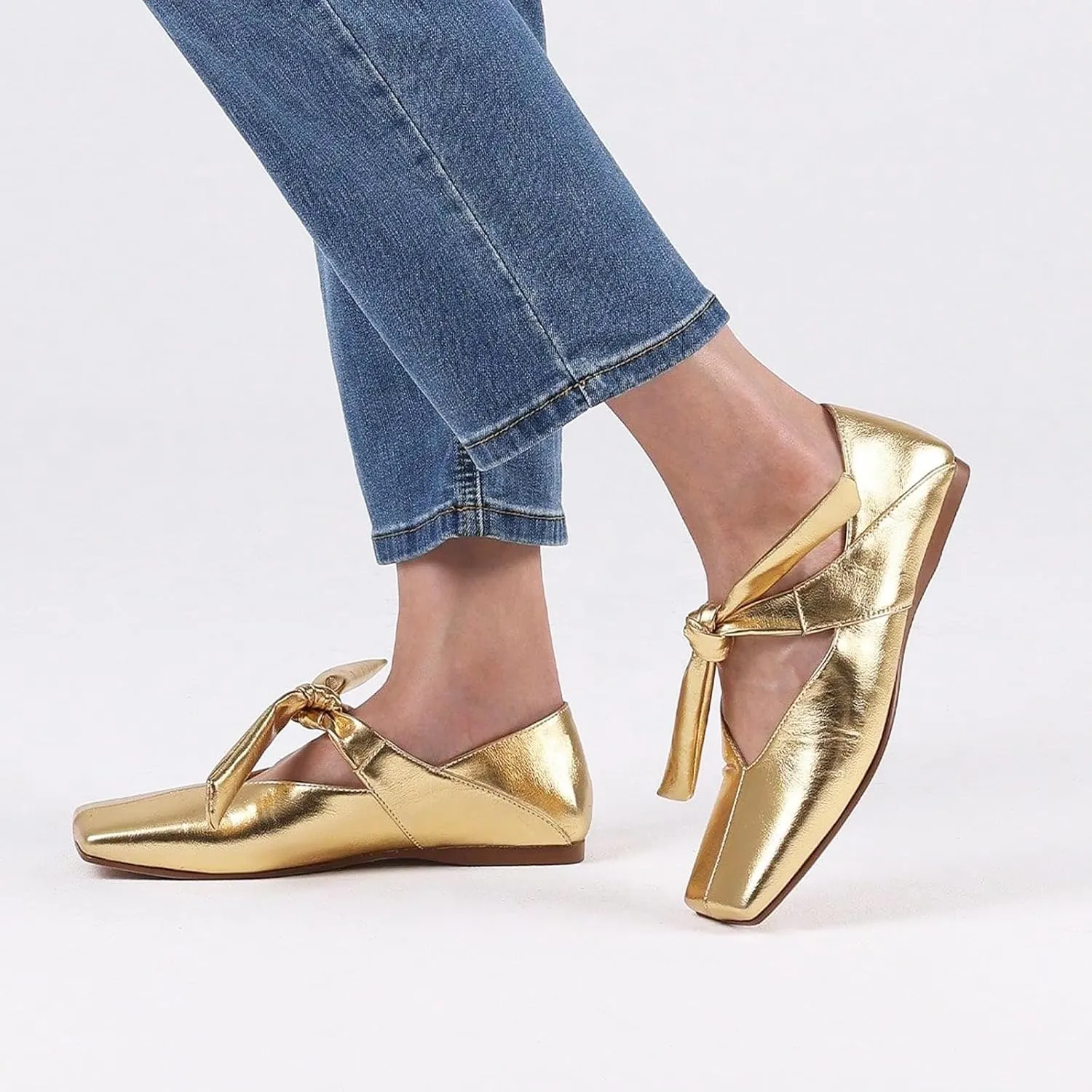 VIMISAOI Square Toe Ballerina Shoes for Women Bow Knots Ballet Flats Mary Jane Flats Slip On Bowtie Strap Flats