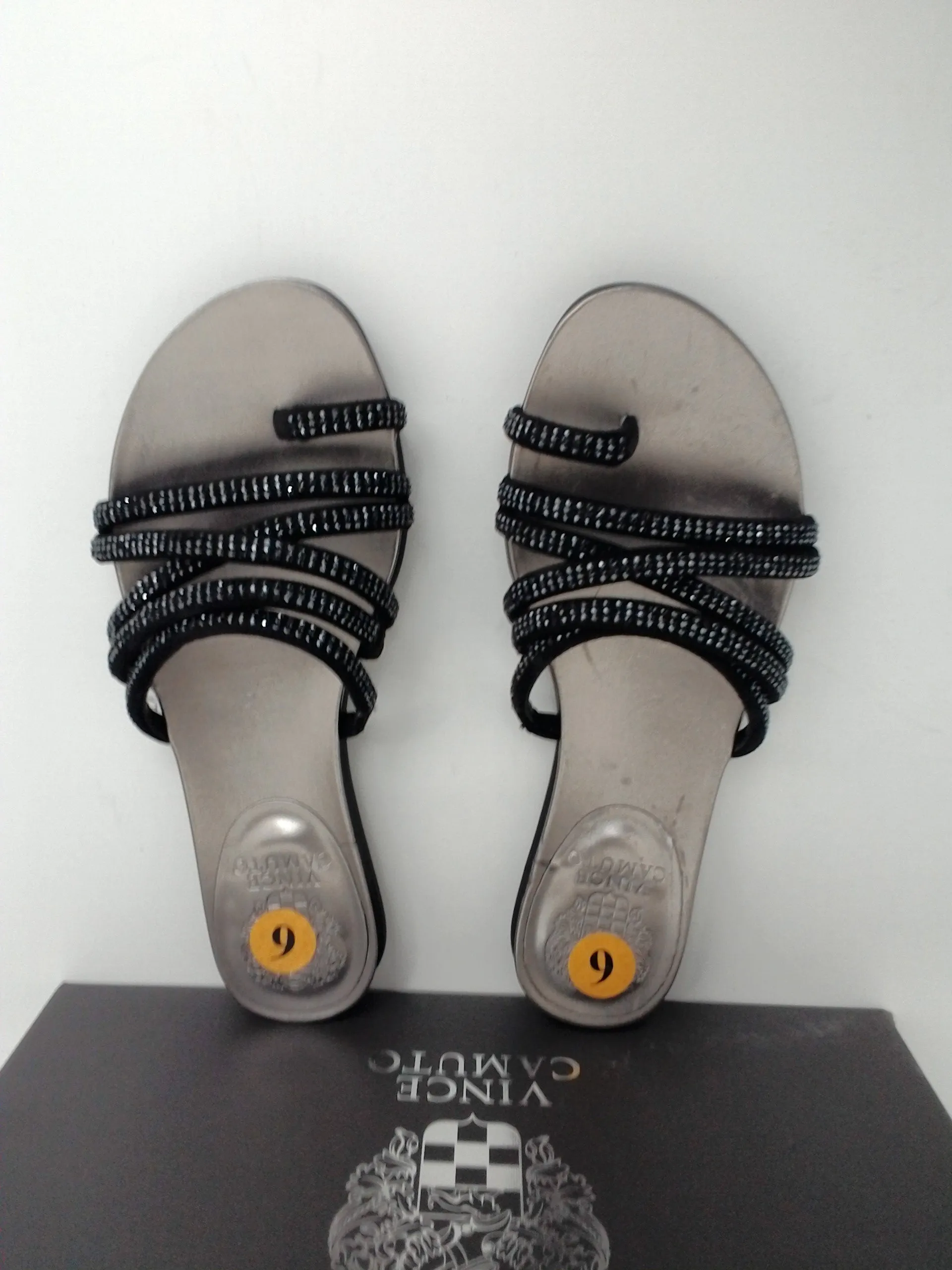 Vince Camuto VC-Ezzina Crystal Embellished Slide Black Sandal Microsuede Size 6
