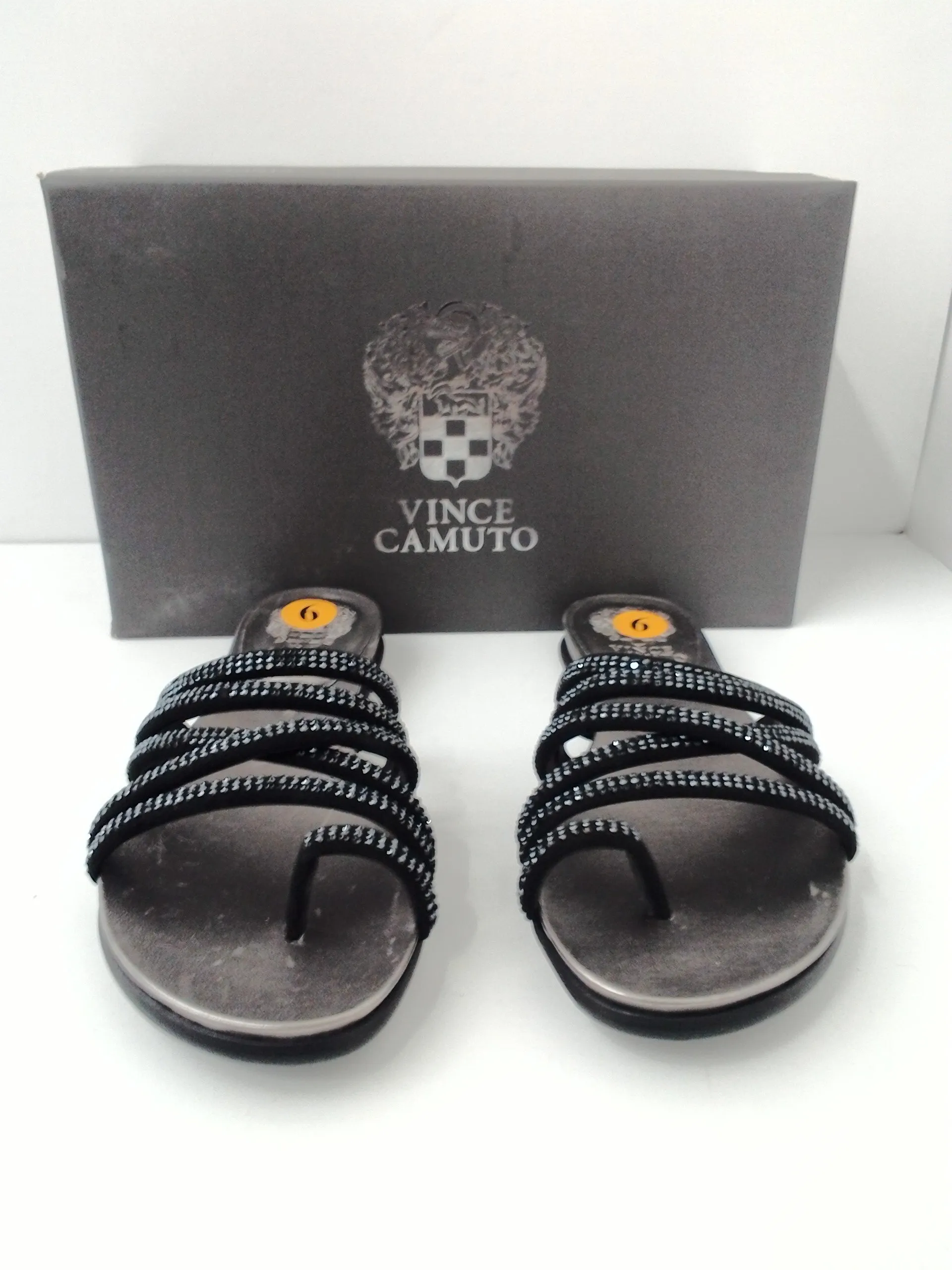 Vince Camuto VC-Ezzina Crystal Embellished Slide Black Sandal Microsuede Size 6