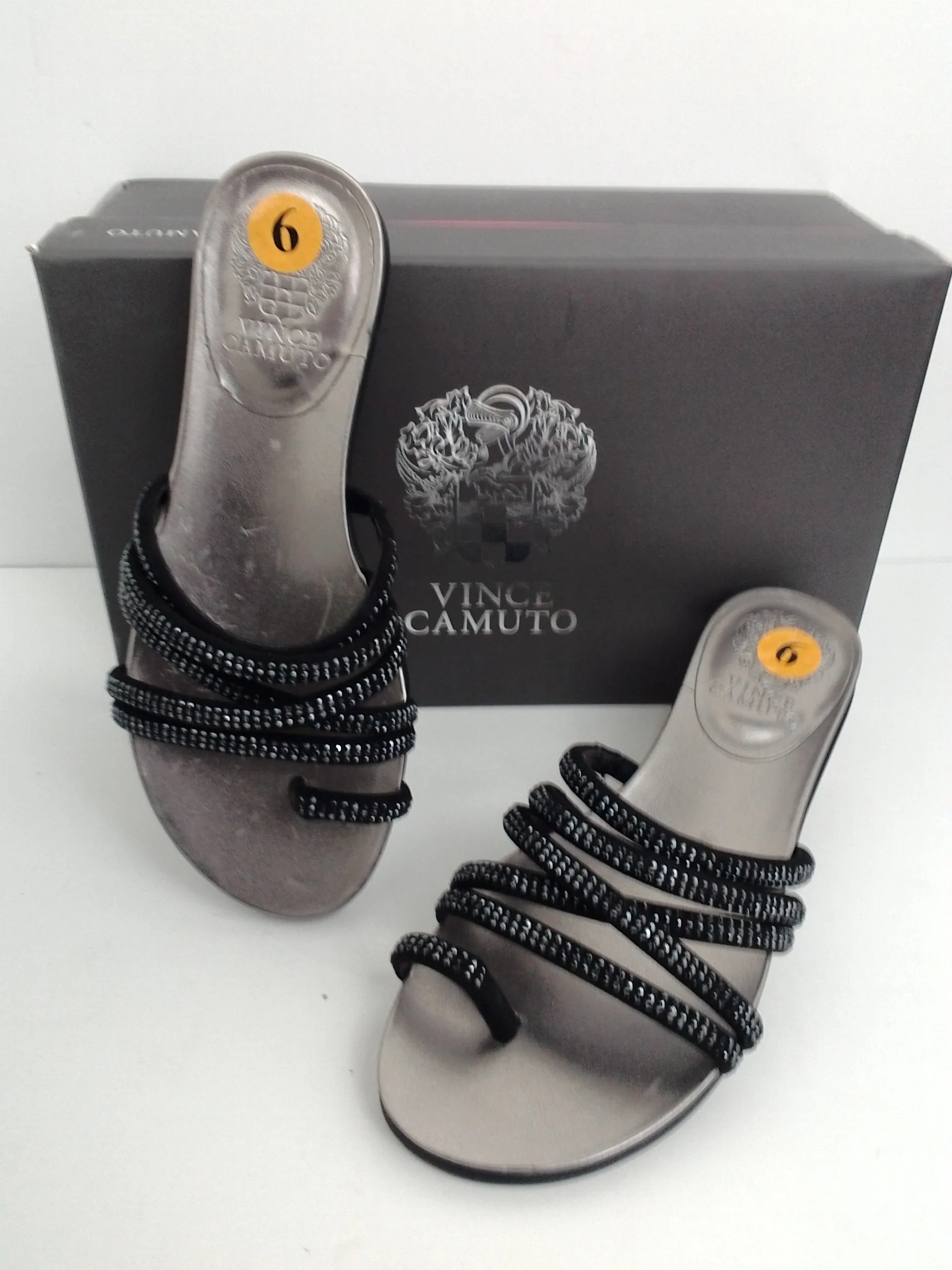 Vince Camuto VC-Ezzina Crystal Embellished Slide Black Sandal Microsuede Size 6