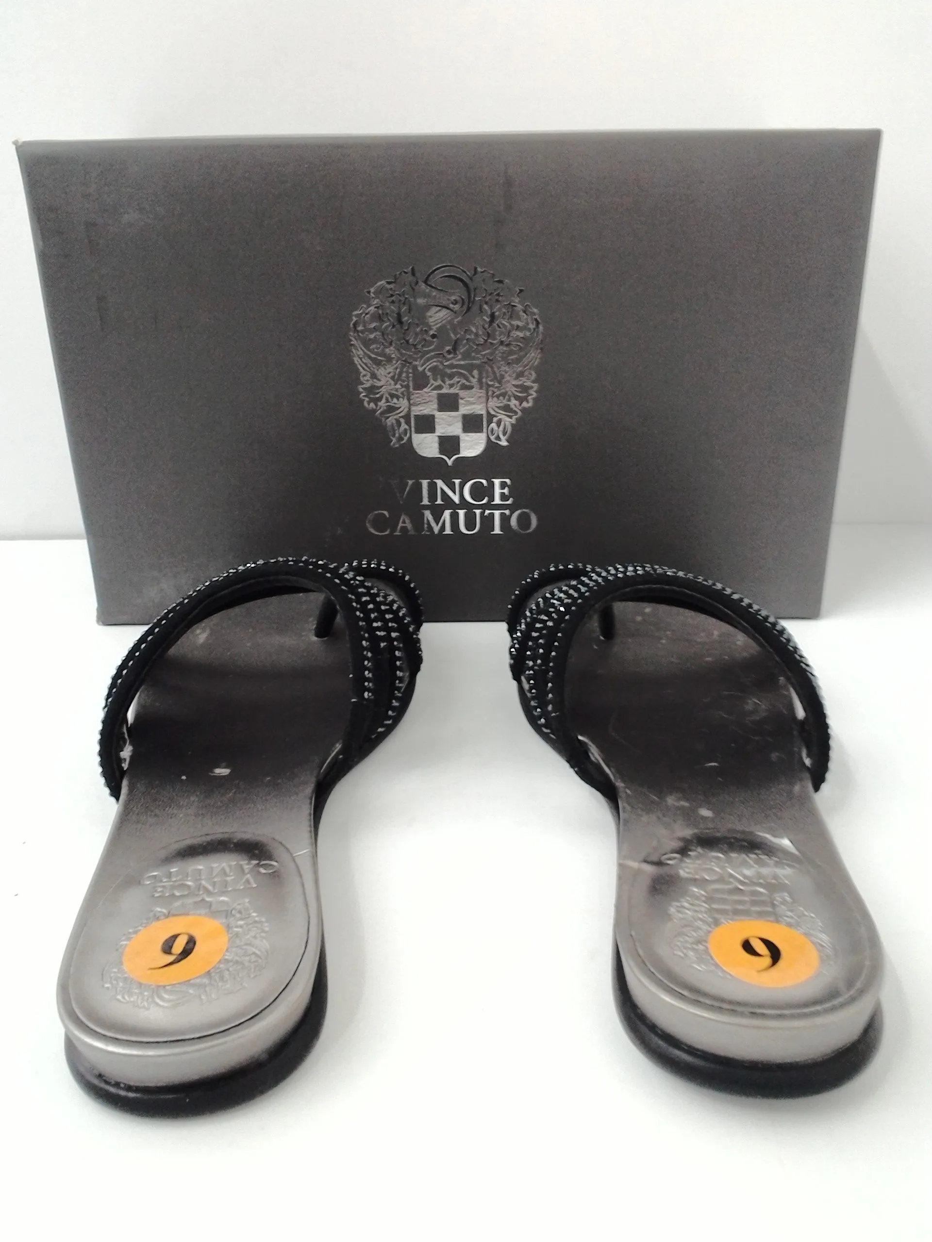 Vince Camuto VC-Ezzina Crystal Embellished Slide Black Sandal Microsuede Size 6