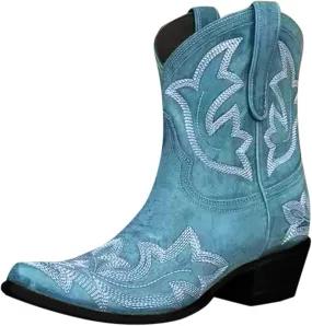 Western Booties Chunky Heel Boots Woman Ankle Boots Mid Calf Cowboy Boots Women Western Pointed Toe Low Block Heel Boot