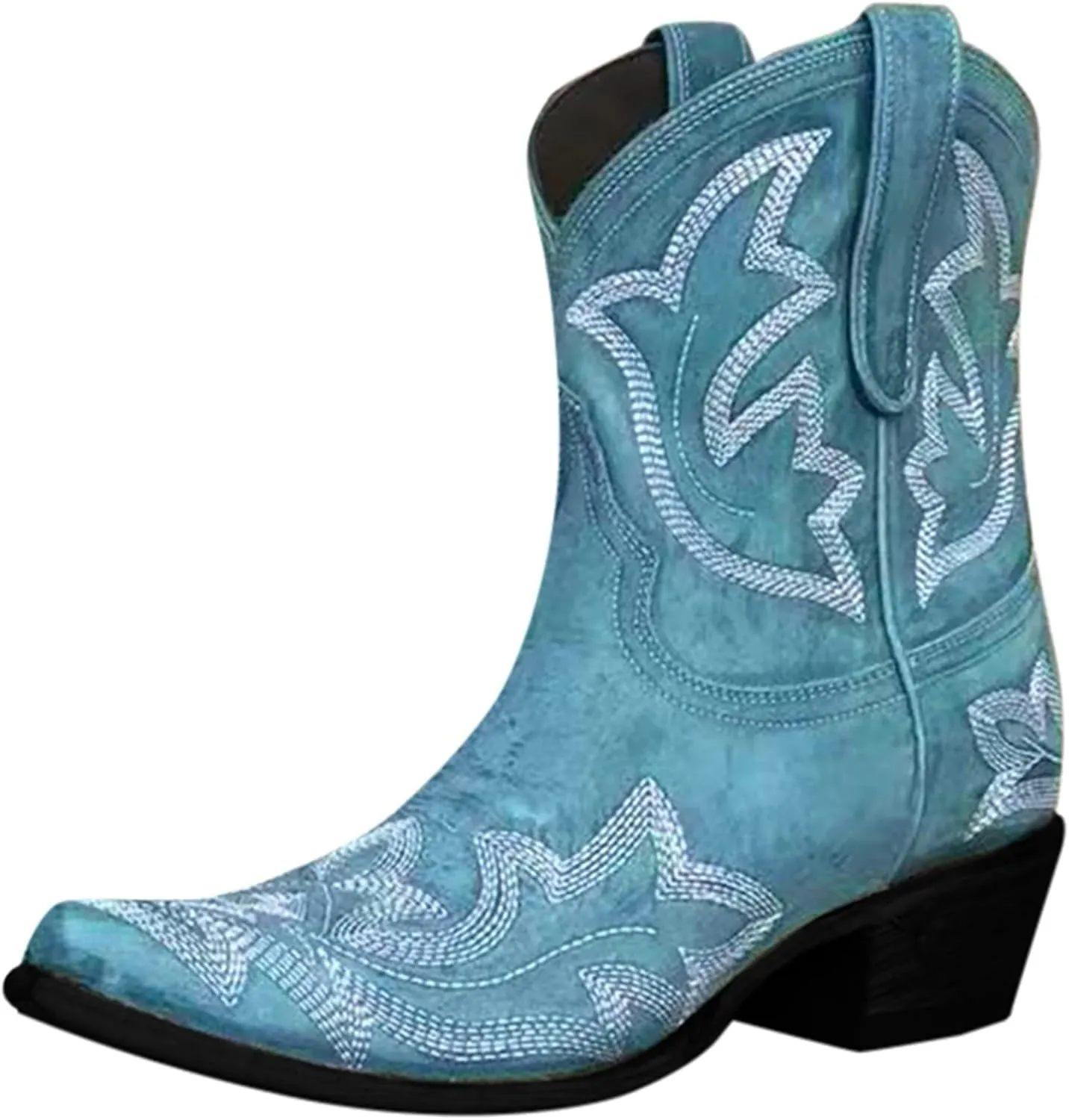 Western Booties Chunky Heel Boots Woman Ankle Boots Mid Calf Cowboy Boots Women Western Pointed Toe Low Block Heel Boot
