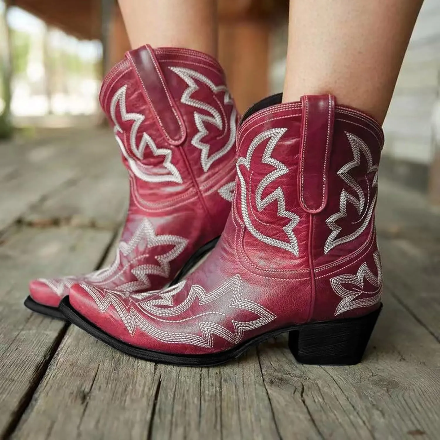 Western Booties Chunky Heel Boots Woman Ankle Boots Mid Calf Cowboy Boots Women Western Pointed Toe Low Block Heel Boot