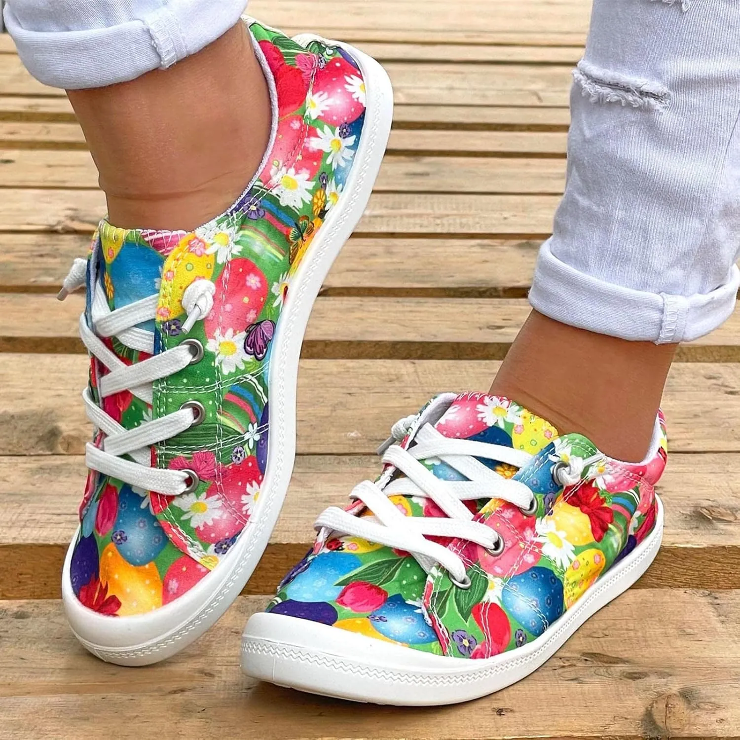 Women Fashion Casual Sneakers Canvas Lace-Up Loafers Lightweight Ladies Shoes Flat Soft Soled Comfortable Shoes Cute Slip on Wide Feet Toe Box Breathable Arch printed lace couples B84-Green