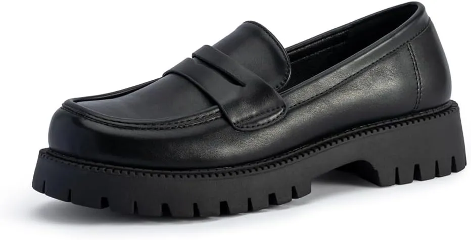 Women Lug Sole Chunky Heel Loafer Slip On Low Heel Closed Toe Trendy Pumps Business Work Office Lady Shoes Black